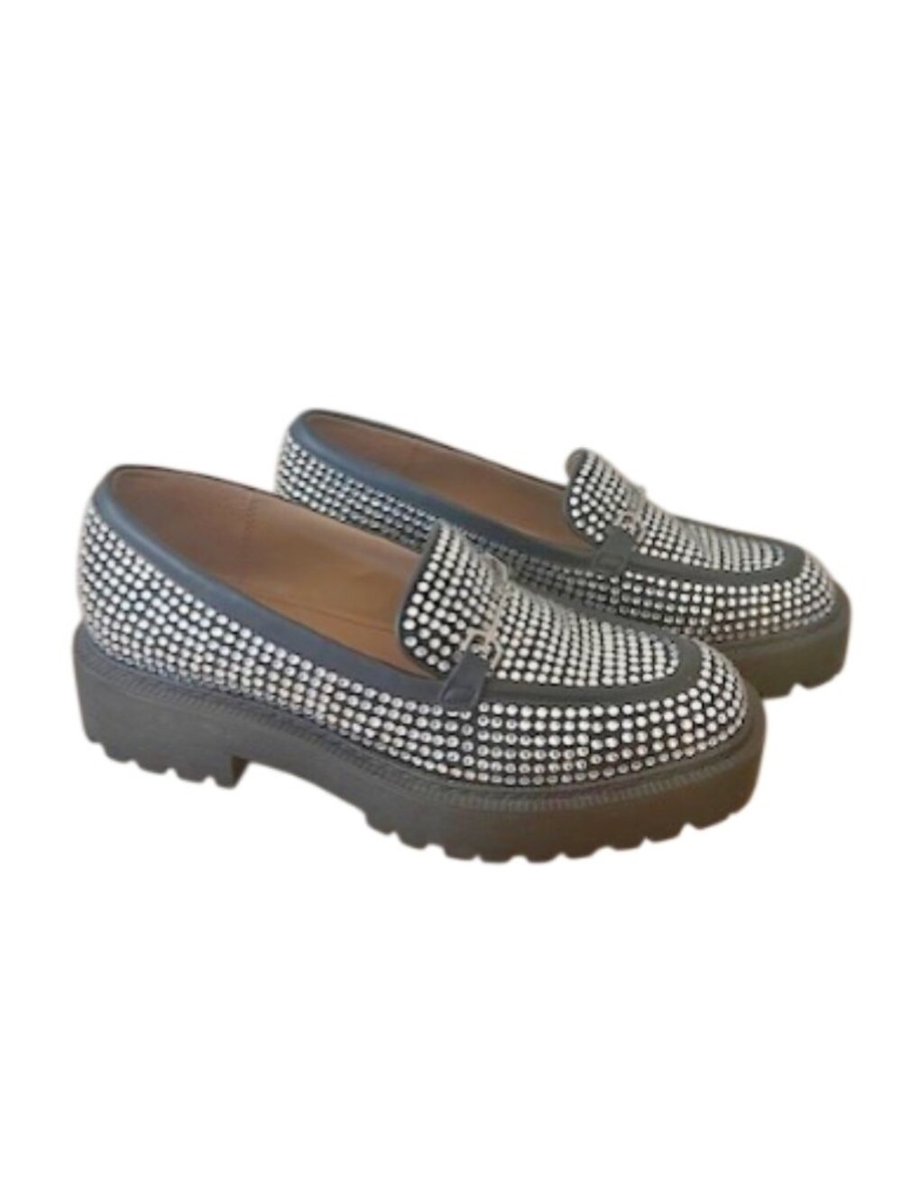 Sam Edelman Laus Glitz Loafers – Black Rhinestone Embellished Chunky Lug Sz 8.5
